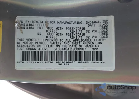 2001 Toyota Sequoia Limited V8 из США, поврежденный, VIN 5TDBT48A11S008367